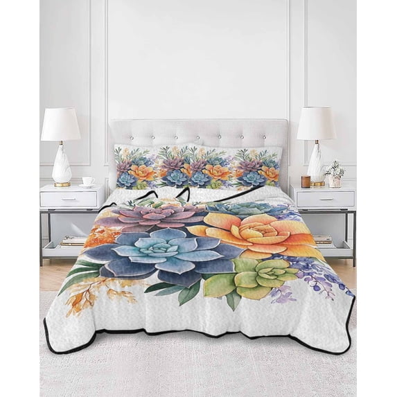 Quilts Twin XL Size, Spring Floral Succulents Soft Comforter Bedding Set for Bed, Summer Watercolor Botanical Flowers Lightweight Quilted Bedspread with Pillow Cover(2 Pieces), 68x98 Inch