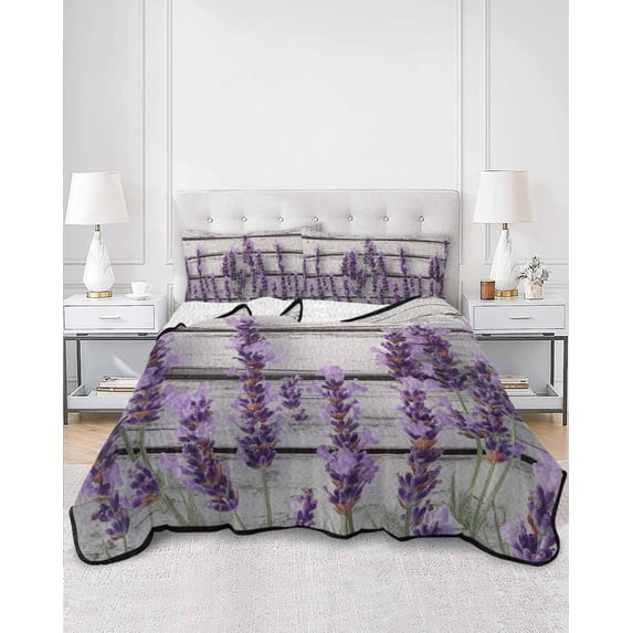 Quilts Twin XL Size, Spring Lavender Floral Soft Comforter Bedding Set for Bed, Botanical Flower Vintage Wood Grain Lightweight Quilted Bedspread with Pillow Cover(2 Pieces), 68x98 Inch