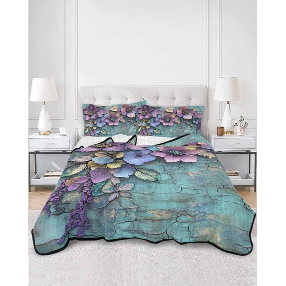 Quilts Twin XL Size, Spring Purple Flower Soft Comforter Bedding Set for Bed, Retro Wall Seamless Garden Pastoral Lightweight Quilted Bedspread with Pillow Cover(2 Pieces) for All Season, 68x98 Inch
