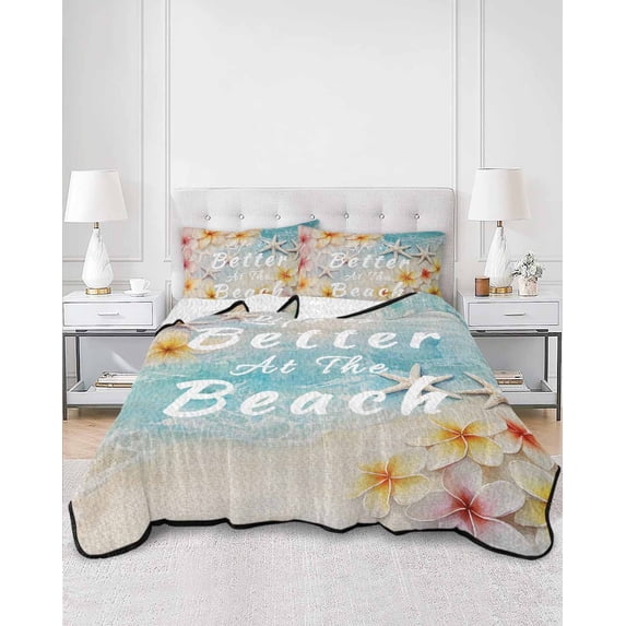 Quilts Twin XL Size, Summer Beach Ocean Soft Comforter Bedding Set for Bed, Vintage Flowers Coastal Starfish Lightweight Quilted Bedspread with Pillow Cover(2 Pieces) for All Season, 68x98 Inch