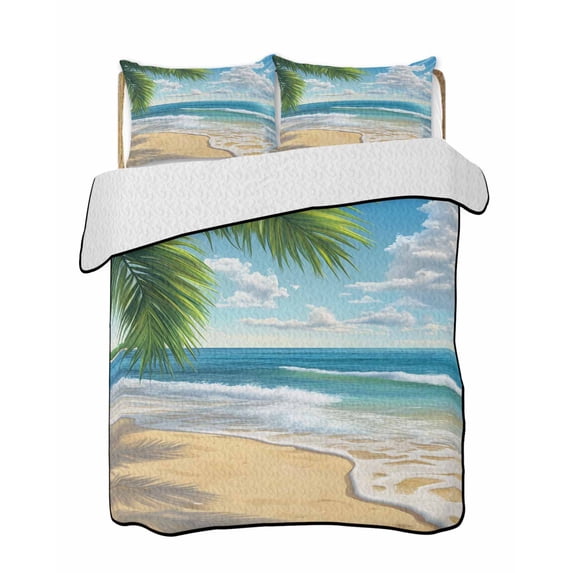 Quilts Twin XL Size, Summer Beach Soft Comforter Bedding Set for Bed, Coastal Ocean Tropical Palm Trees Lightweight Quilted Bedspread with Pillow Cover(2 Pieces) for All Season, 68x98 Inch