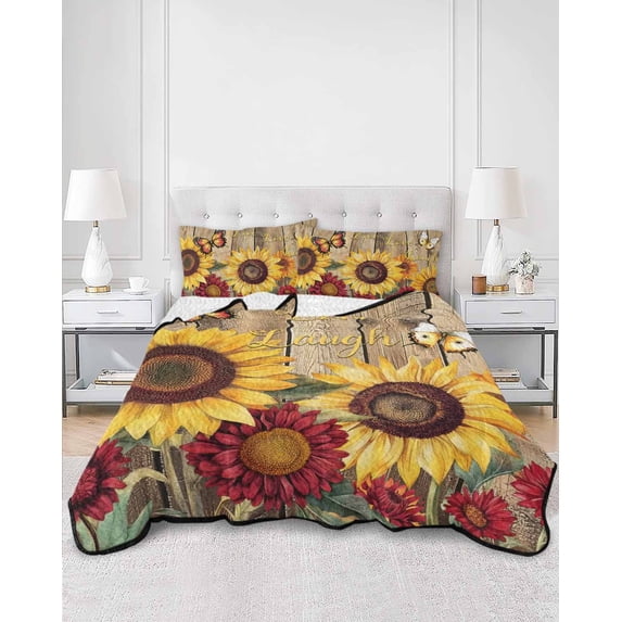 Quilts Twin XL Size, Sunflower Brown Wooden Soft Comforter Bedding Set for Bed, Vintage Flowers Butterfly Lightweight Quilted Bedspread with Pillow Cover(2 Pieces) for All Season, 68x98 Inch