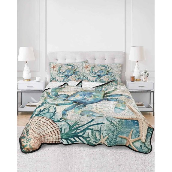 Quilts Twin XL Size, Teal Coastal Crab Soft Comforter Bedding Set for Bed, Vintage Summer Beach Nautical Coral Lightweight Quilted Bedspread with Pillow Cover(2 Pieces) for All Season, 68x98 Inch
