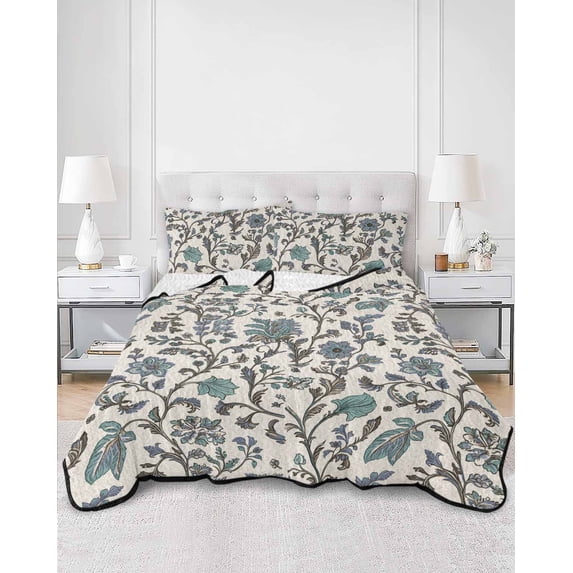 Quilts Twin XL Size, Teal Green Leaf Soft Comforter Bedding Set for Bed, Vintage Farmhouse Boho Pastoral Tribal Lightweight Quilted Bedspread with Pillow Cover(2 Pieces) for All Season, 68x98 Inch
