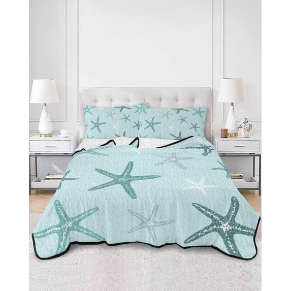 Quilts Twin XL Size, Teal Starfish Coastal Soft Comforter Bedding Set for Bed, Aqua Summer Beach Ocean Lightweight Quilted Bedspread with Pillow Cover(2 Pieces) for All Season, 68x98 Inch