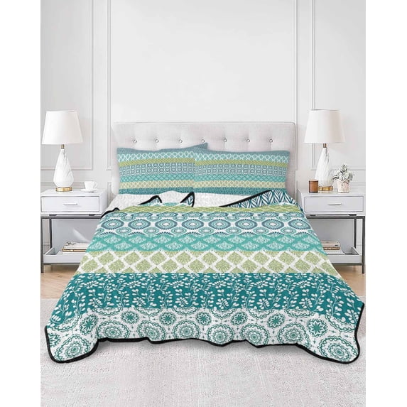 Quilts Twin XL Size, Teal Striped Soft Comforter Bedding Set for Bed, Boho Modern Geometric Abstract Art Ethnic Lightweight Quilted Bedspread with Pillow Cover(2 Pieces) for All Season, 68x98 Inch