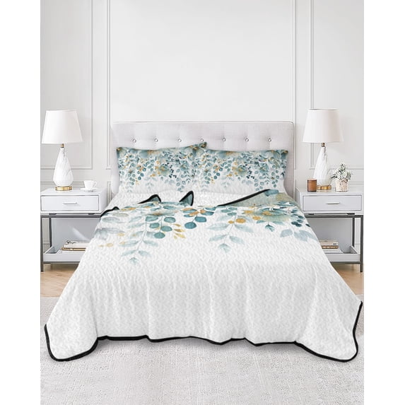 Quilts Twin XL Size, Teal Tulip Eucalyptus Soft Comforter Bedding Set for Bed, Spring Summer Botanical Floral Chic Lightweight Quilted Bedspread with Pillow Cover(2 Pieces) for All Season, 68x98 Inch