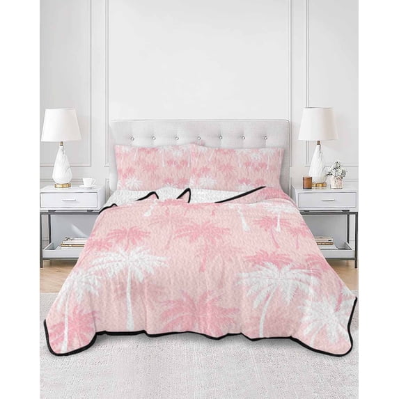 Quilts Twin XL Size, Tropical Palm Tree Soft Comforter Bedding Set for Bed, Pink White Plants Coastal Leaf Beach Lightweight Quilted Bedspread with Pillow Cover(2 Pieces) for All Season, 68x98 Inch