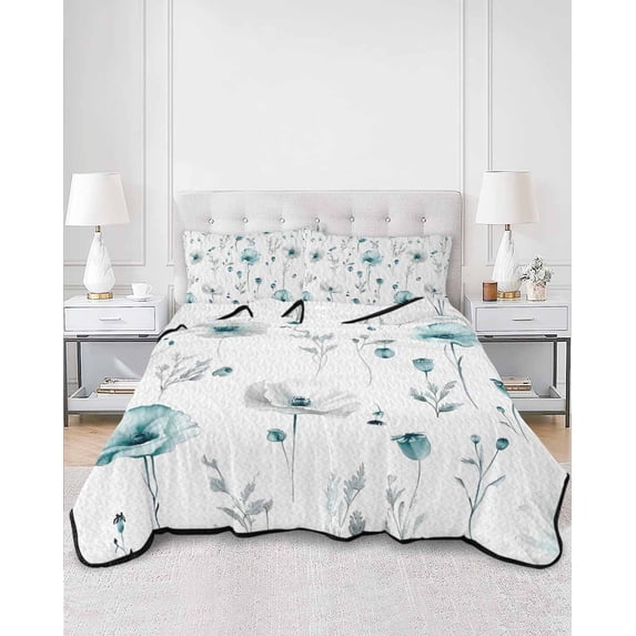 Quilts Twin XL Size, Turquoise Flowers Soft Comforter Bedding Set for Bed, Farmhouse Spring Botanical Floral Lightweight Quilted Bedspread with Pillow Cover(2 Pieces) for All Season, 68x98 Inch