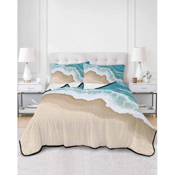 Quilts Twin XL Size, Turquoise Ocean Soft Comforter Bedding Set for Bed, Gradient Brown Shore Sandy Beach Abstract Lightweight Quilted Bedspread with Pillow Cover(2 Pieces) for All Season, 68x98 Inch
