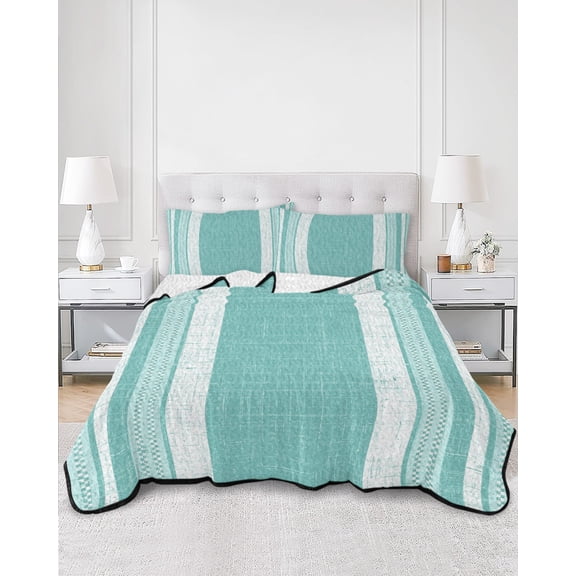 Quilts Twin XL Size, Vintage Turquoise Striped Soft Comforter Bedding Set for Bed, Farmhouse Modern Stripes Boho Texture Lightweight Quilted Bedspread with Pillow Cover(2 Pieces), 68x98 Inch