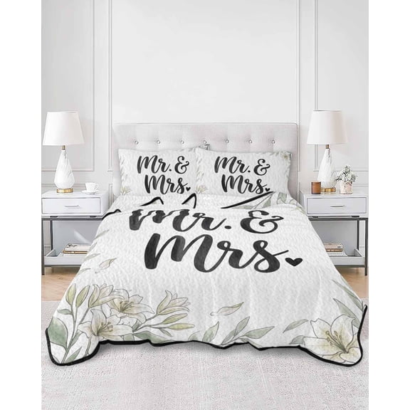 Quilts Twin XL Size, Weeding Soft Comforter Bedding Set for Bed, Romantic Mr Mrs Flowers Leaves Branches Lightweight Quilted Bedspread with Pillow Cover(2 Pieces) for All Season, 68x98 Inch