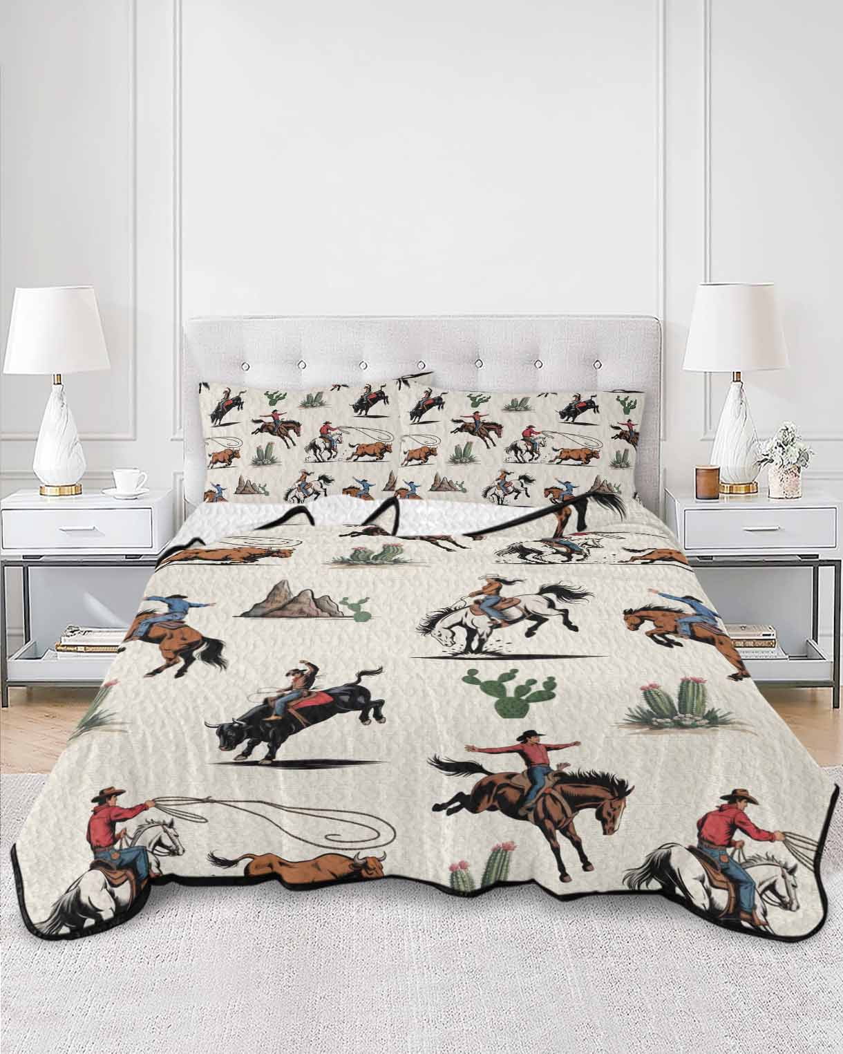 Quilts Twin XL Size, Western Cowboys Soft Comforter Bedding Set for Bed, Beige Vintage Country Cactus Lightweight Quilted Bedspread with Pillow Cover(2 Pieces) for All Season, 68x98 Inch