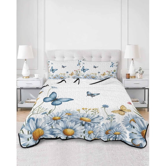 Quilts Twin XL Size, White Daisy Blossom Soft Comforter Bedding Set for Bed, Spring Graden Floral Butterflies Lightweight Quilted Bedspread with Pillow Cover(2 Pieces) for All Season, 68x98 Inch