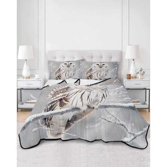Quilts Twin XL Size, Winter Owl Soft Comforter Bedding Set for Bed, Country Birds Animal Tree Branches Snow Lightweight Quilted Bedspread with Pillow Cover(2 Pieces) for All Season, 68x98 Inch
