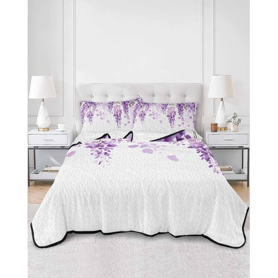 Quilts Twin XL Size, Wisteria Flowers Soft Comforter Bedding Set for Bed, Purple Floral Warercolor Summer Lightweight Quilted Bedspread with Pillow Cover(2 Pieces) for All Season, 68x98 Inch