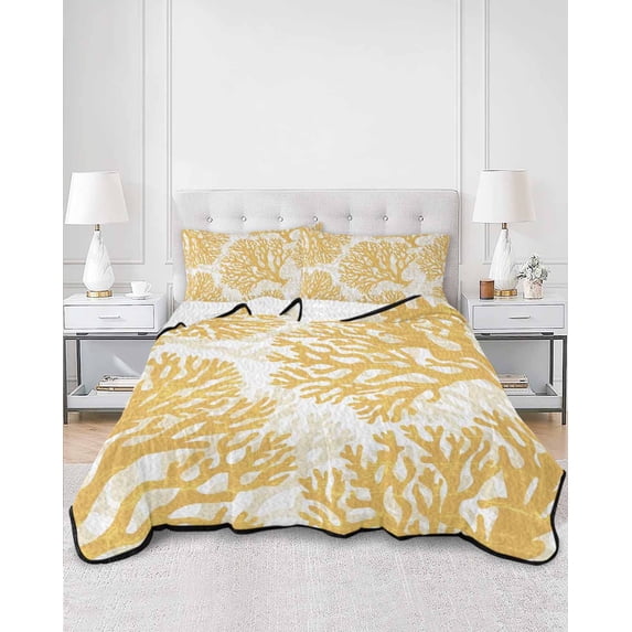 Quilts Twin XL Size, Yellow Coral Soft Comforter Bedding Set for Bed, Coastal Summer Ocean Nautical Sea Lightweight Quilted Bedspread with Pillow Cover(2 Pieces) for All Season, 68x98 Inch