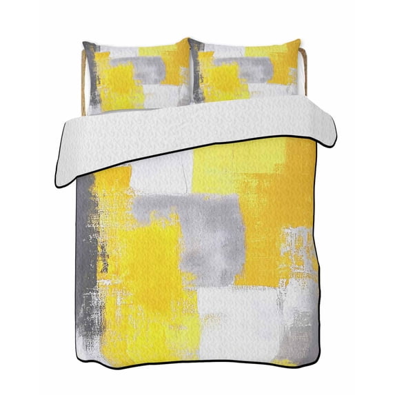 Quilts Twin XL Size, Yellow Grey Oil Painting Soft Comforter Bedding Set for Bed, Abstract Modern Geometric Lightweight Quilted Bedspread with Pillow Cover(2 Pieces) for All Season, 68x98 Inch
