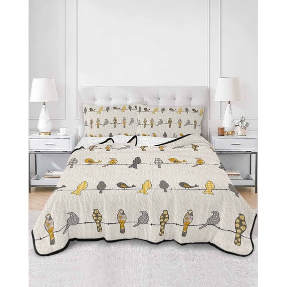 Quilts Twin XL Size, Yellow Grey Plaid Soft Comforter Bedding Set for Bed, Farmhouse Burlap Spring Floral Birds Lightweight Quilted Bedspread with Pillow Cover(2 Pieces) for All Season, 68x98 Inch