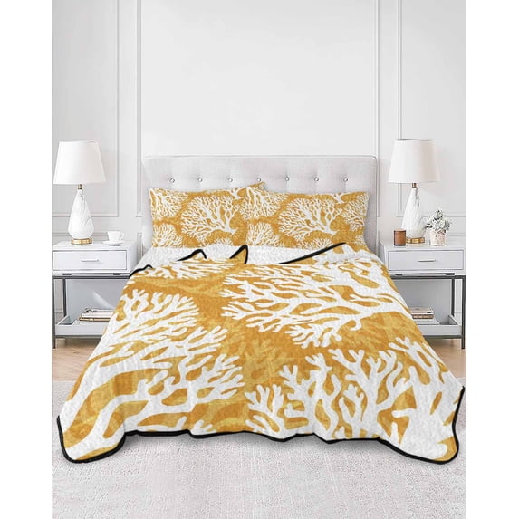 Quilts Twin XL Size, Yellow Orange Coastal Coral Soft Comforter Bedding Set for Bed, Summer Nautical Sea Beach Ocean Lightweight Quilted Bedspread with Pillow Cover(2 Pieces) All Season, 68x98 Inch