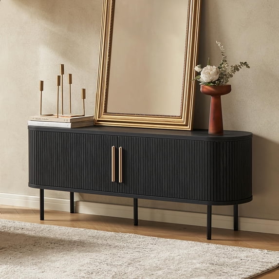 mopio Quin 59" Tambour TV Stand, Mid Century Modern for 55/60/65 inch TV, Wood Farmhouse TV Stand, Fluted Entertainment Center with Storage, TV and Media Console for Living Room, Black
