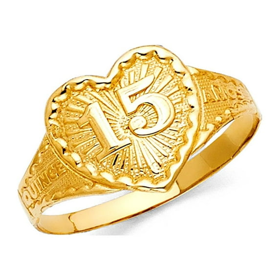 Quince 15 Anos Heart Ring Solid 14k Yellow Gold Band Diamond Cut Design Polished Genuine 12MM, Size 6