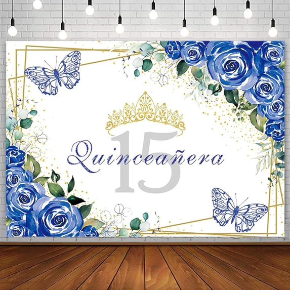 Quinceañera Backdrop Mis Quince 15 Anos Birthday Party Decoration Supplies for Girl Princess Royal Blue Floral Butterfly Gold Crown Photography Background Banner Photo Booth Studio Props,
