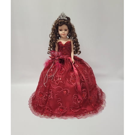 Quinceañera Umbrella Vinyl Doll in Burgundy Gown, Quince Años Centerpiece & Decoration