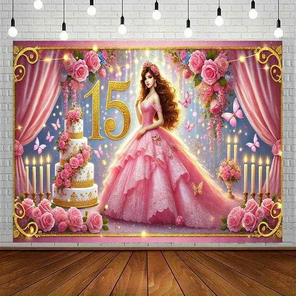 Quinceaera Backdrop Gold Mis Quince 15th Birthday Photography Background for Girls Pink Floral Flower Butterfly Princess Quinceanera Happy 15th Birthday Party Decorations Banner Photo Booth Props