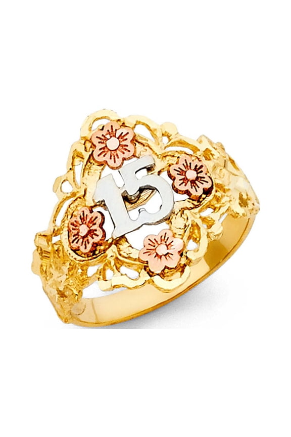 Quinceanera 15 Anos Ring Solid 14k Gold Flowers Band Yellow White Rose Gold Nugget Style Fancy 17MM, Size 5