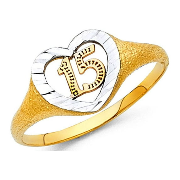 Quinceanera 15 Heart Ring 14k Yellow White Rose Gold 15 Birthday Band Fancy Tri Color 10MM Size 6.5