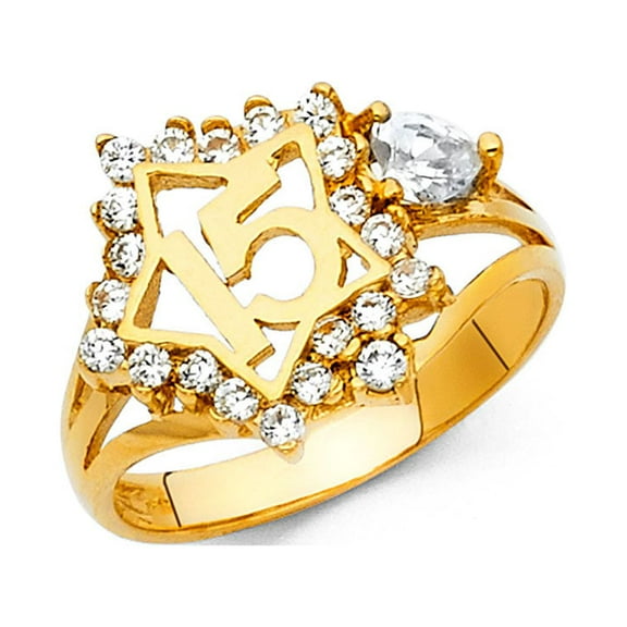 Quinceanera 15 Ring Star Solid 14k Yellow Gold CZ Heart Band Stars Stylish Polished Finish Fancy, Size 7