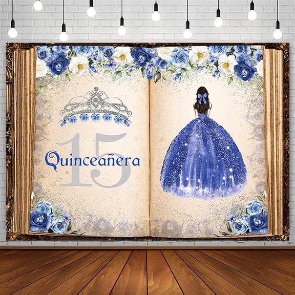 Quinceanera 15th Birthday Backdrop for Girl Princess Mis Quince Anos Party Decoration Once Upon a Time Fairy Tale Books Royal Blue Silver Floral Crown Banner Photography Background Props