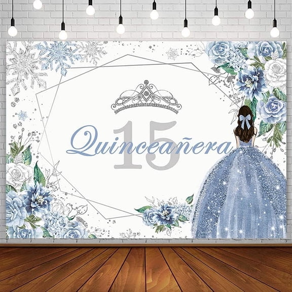 Quinceanera 15th Birthday Backdrop for Sweet Girl Mis Quince Anos 15th Birthday Party Decorations Blue Silver Floral Crown Snowflake Banner Photography Background Cake Table Prop