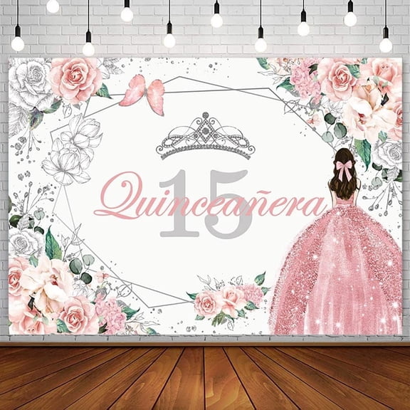 Quinceanera 15th Birthday Backdrop for Sweet Girl Mis Quince Anos 15th Birthday Party Decorations Pink Rose Gold Silver Floral Crown Butterfly Banner Photography Background Props