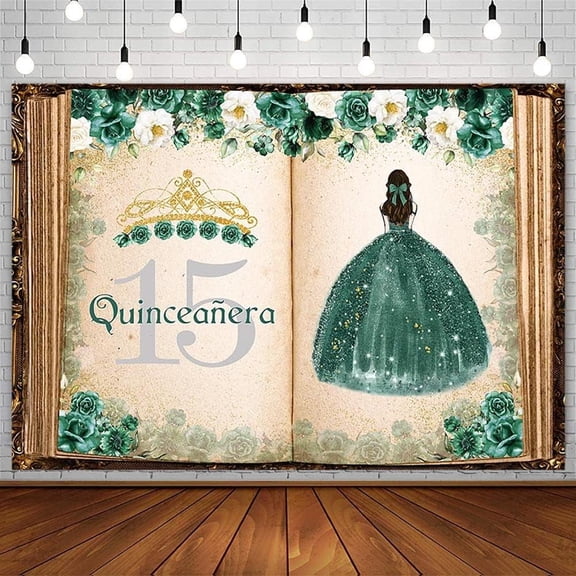 Quinceanera 15th Birthday Backdrop for Sweet Girl Mis Quince Anos 15th Party Decorations Once Upon a Time Fairy Tale Books Green Gold Floral Crown Banner Photography Background Props
