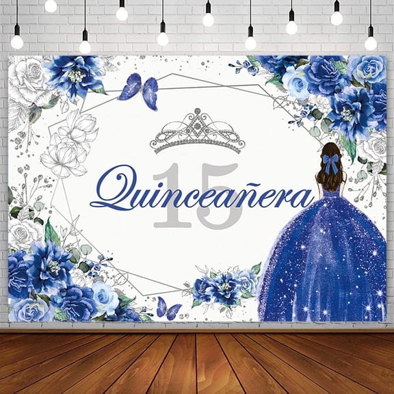 Quinceanera 15th Birthday Backdrop for Sweet Girl Mis Quince Anos Party Decorations Royal Blue Silver Floral Crown Butterfly Banner Photography Background Photo Prop