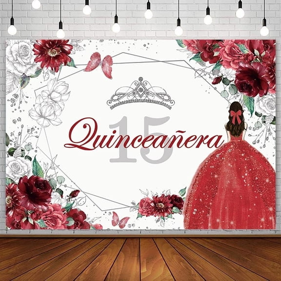 Quinceanera 15th Birthday Backdrop for Sweet Girl Mis Quince Anos Party ations Red Silver Floral Crown Butterfly Banner Photography Background Cake Table Props
