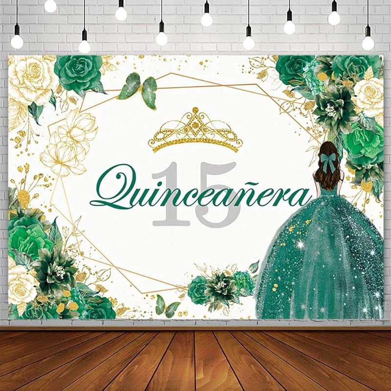 Sendy 10x7ft Quinceañera Backdrop – Red & Gold Glitter, Floral Crown, Butterfly Banner, Photo Background