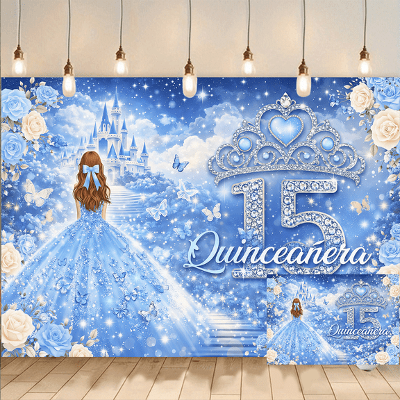 Quinceanera 15th Birthday Party Backdrop Blue Princess Background Cloth