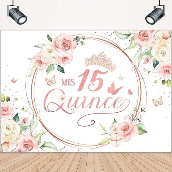 Quinceanera Backdrop Mis Quince 15 Anos Pink Floral Princess Crown Butterfly Sweet Girls 15th Birthday Photography Background Decorations Photo Booth Studio Prop