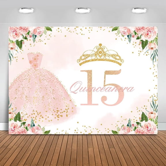 Quinceanera Birthday Backdrop for Girl Mis Quince Anos Birthday Party Decorations Banner Blush Pink Floral 15th Birthday Photograpy Background Photo Studio Props