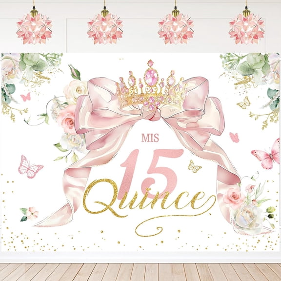 Quinceanera Mis Quince 15th Birthday Backdrop for Girls Gold and Pink Bow Floral 15th Birthday Background Princess Fifteen 15 Years Old Birthday Party Decorations Banner Photo Booth Props