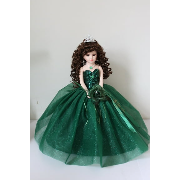 Porcelain Quinceaera Umbrella Doll in Emerald Green Gown (Quince Aos) Centerpiece & Decoration