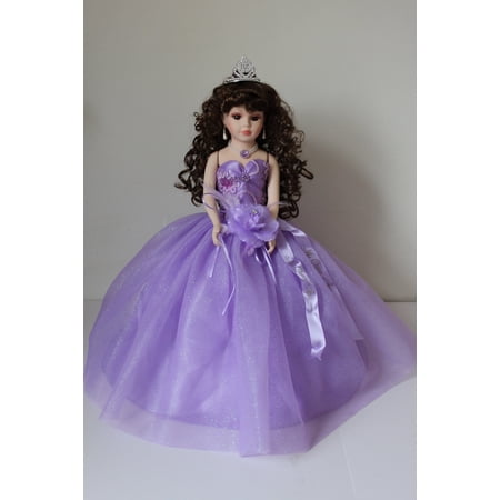 Porcelain Quinceañera Umbrella Doll in Lavender Gown (Quince Años) Centerpiece & Decoration