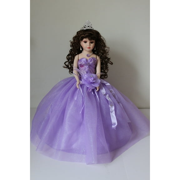 Porcelain Quinceaera Umbrella Doll in Lavender Gown (Quince Aos) Centerpiece & Decoration