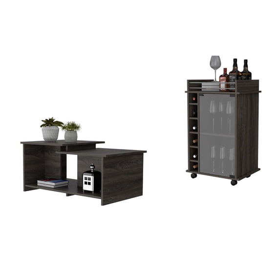 Quincy 2 Piece Living Room Set, Dukat Bar Cart + Wema Coffee Table, Espresso