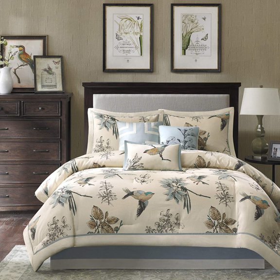 Quincy Cozy Comforter Nature Scenery Design - All Season Bedding, Matching Bed Skirt, Decorative Pillows, Quincy, Leaf & Bird Khaki King(104"x92") 7 Piece