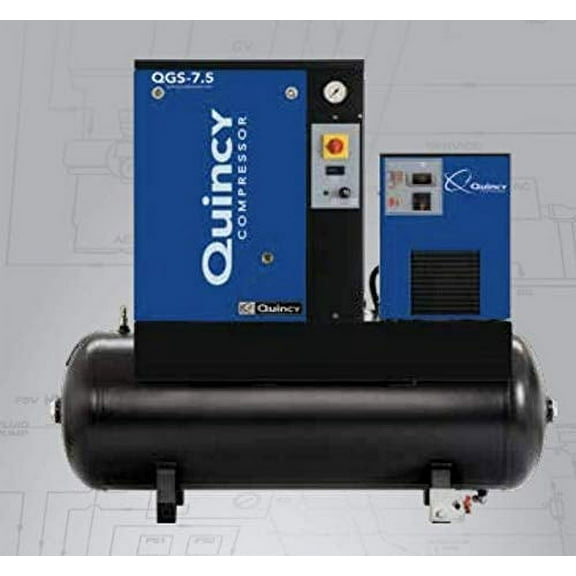 Quincy QGS Rotary Screw Compressor WITH Integrated Dryer- 7.5 HP, Tri-Voltage: 208V, 230V, 460V, 3-Phase, 60 Gallon Horizontal Tank, 20.4 CFM