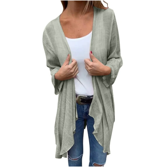 Quinlirra 3/4 Length Sleeve Womens Tops Cotton Women's Long Solid Color Casual Long Sleeved Spring/summer Thin Breathable Sun Protection Cardigan
